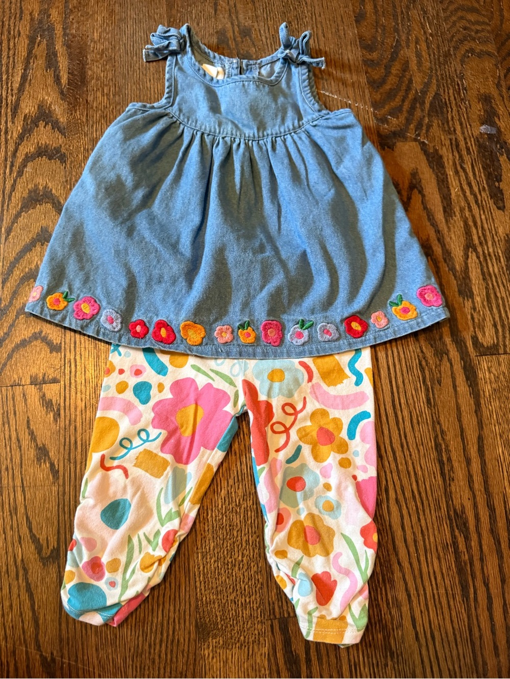 Mud Pie Blue Denim Floral Embroidered Tank with Colorful Floral Leggings